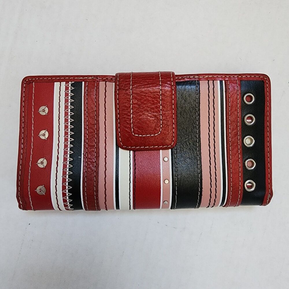 Vintage Fossil Striped Leather Trifold Wallet - Red/Pink/Multi